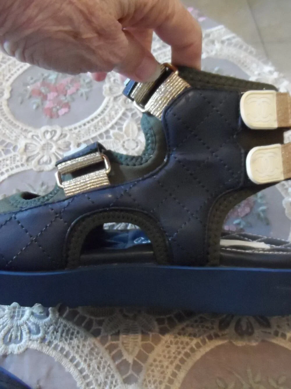New Chanel Navy Blue & Army Green Gladiator Sandals Size 36C